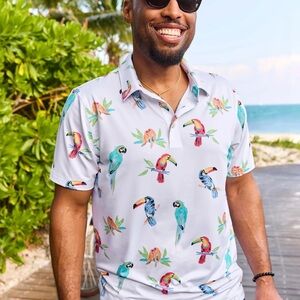 chubbies White Polo with Colorful Tropical Parrot Print
